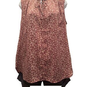 Loft Womens Top Sz M Maroon Sleeveless Tunic Floral Ruffled Tie Neck BizCasual